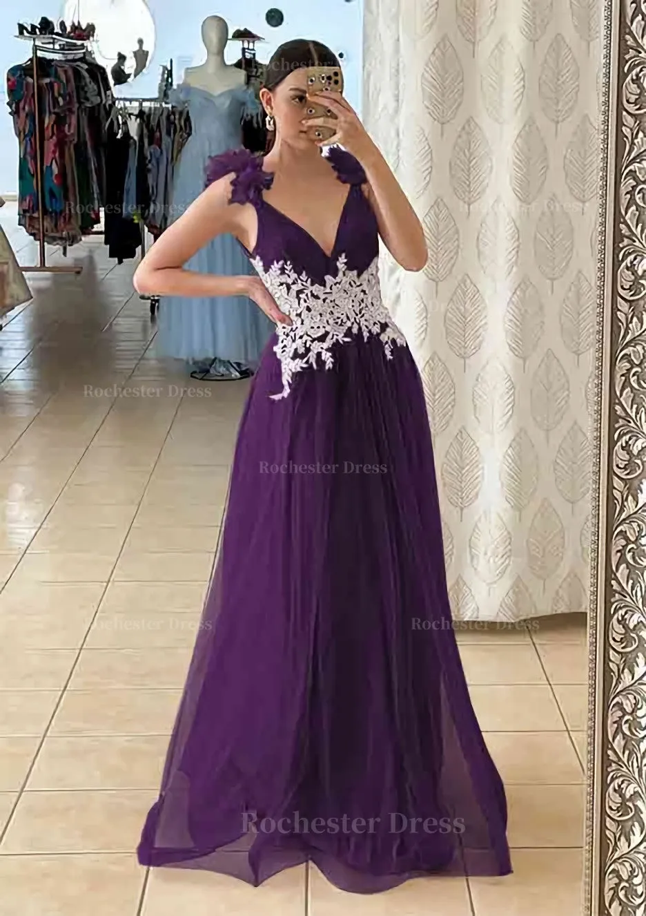 A-line V Neck Sleeveless Long/Floor-Length Tulle Prom Dress With Appliqued Beading Flowers