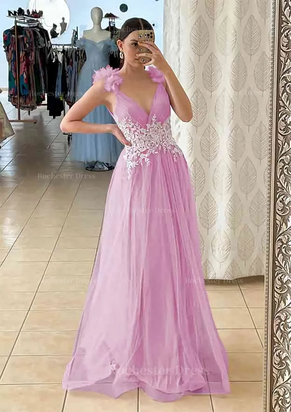 A-line V Neck Sleeveless Long/Floor-Length Tulle Prom Dress With Appliqued Beading Flowers