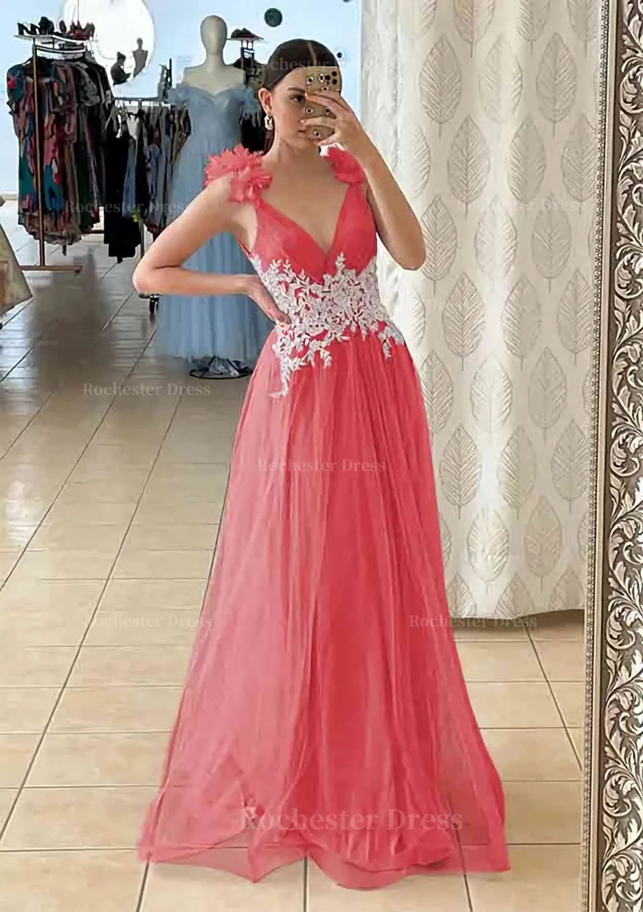 A-line V Neck Sleeveless Long/Floor-Length Tulle Prom Dress With Appliqued Beading Flowers