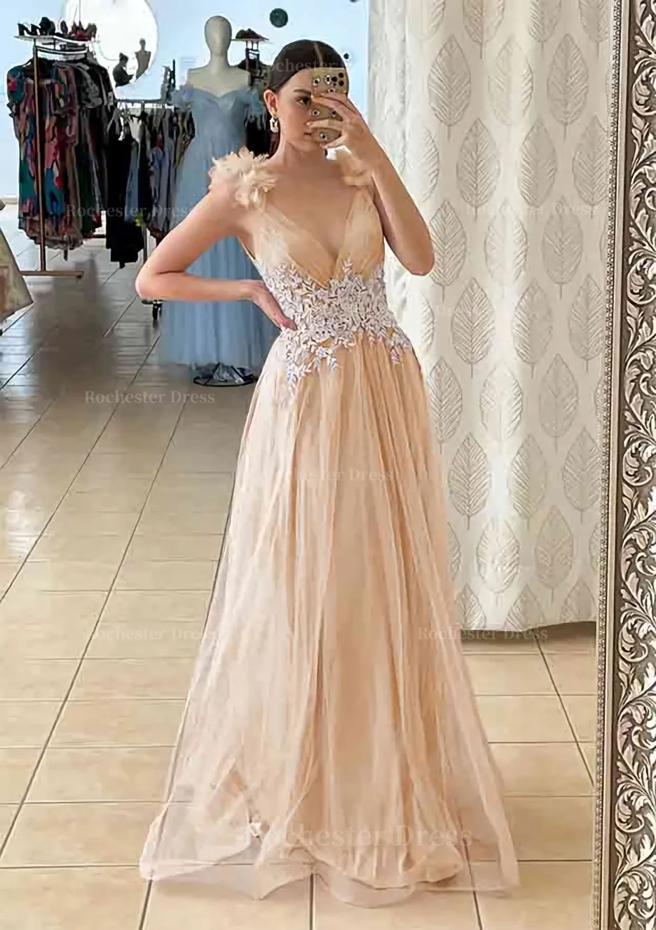 A-line V Neck Sleeveless Long/Floor-Length Tulle Prom Dress With Appliqued Beading Flowers