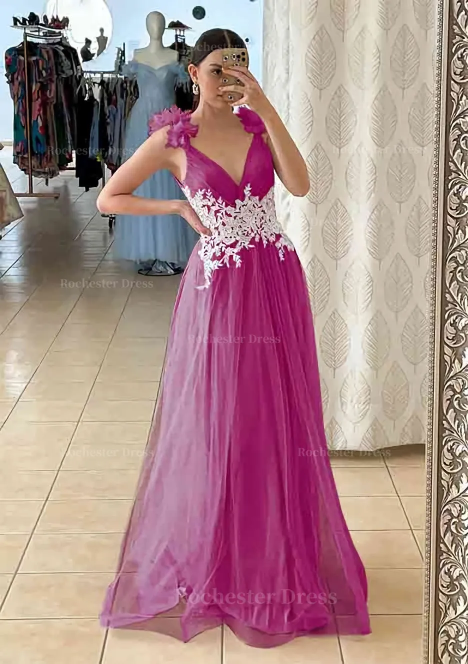 A-line V Neck Sleeveless Long/Floor-Length Tulle Prom Dress With Appliqued Beading Flowers