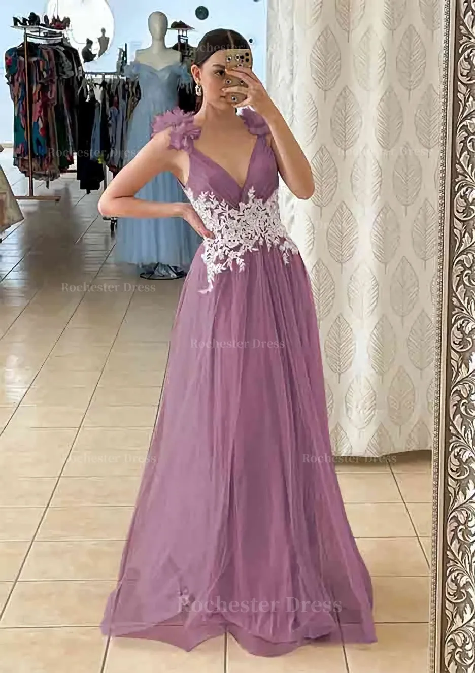 A-line V Neck Sleeveless Long/Floor-Length Tulle Prom Dress With Appliqued Beading Flowers