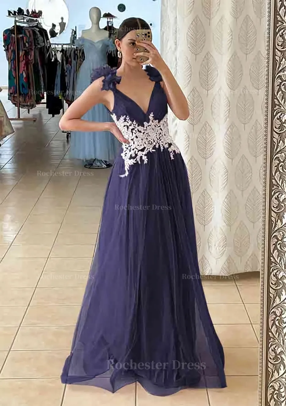 A-line V Neck Sleeveless Long/Floor-Length Tulle Prom Dress With Appliqued Beading Flowers