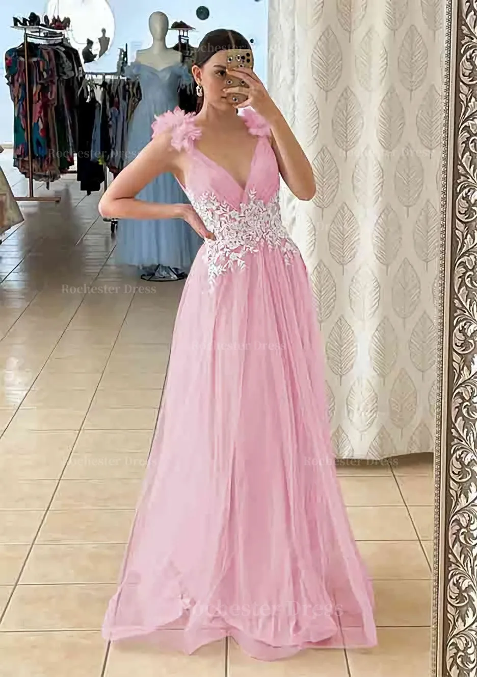 A-line V Neck Sleeveless Long/Floor-Length Tulle Prom Dress With Appliqued Beading Flowers