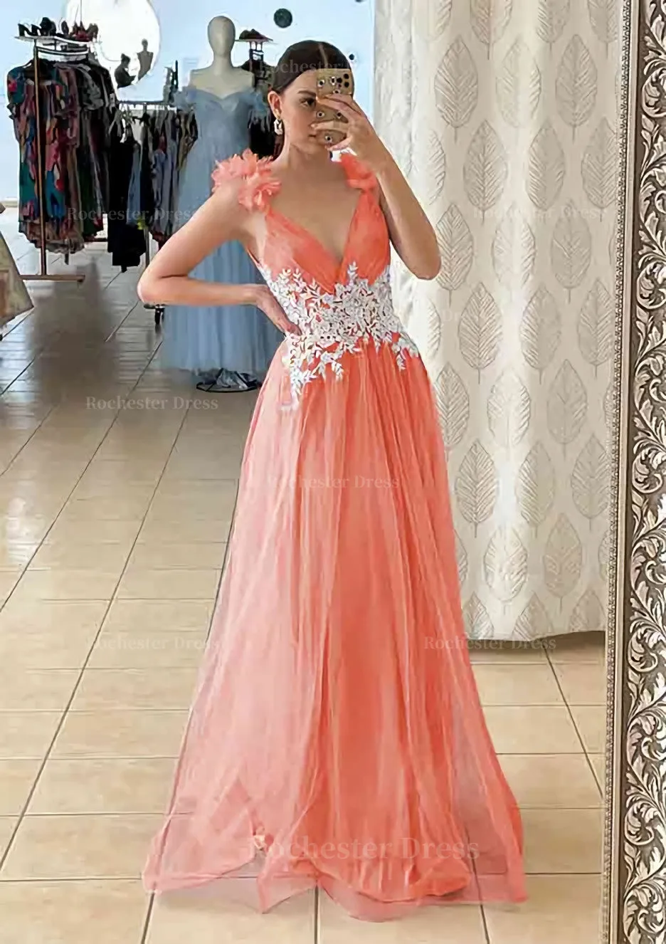 A-line V Neck Sleeveless Long/Floor-Length Tulle Prom Dress With Appliqued Beading Flowers