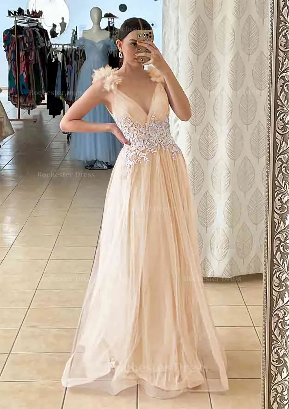 A-line V Neck Sleeveless Long/Floor-Length Tulle Prom Dress With Appliqued Beading Flowers