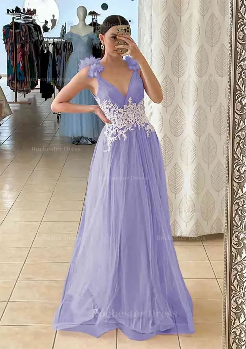 A-line V Neck Sleeveless Long/Floor-Length Tulle Prom Dress With Appliqued Beading Flowers