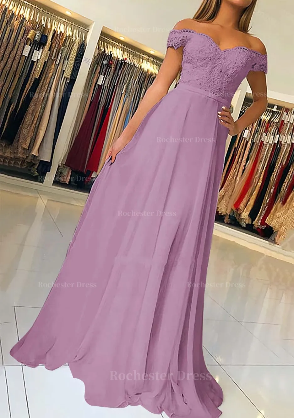 A-line/Princess Off-the-Shoulder Short Sleeve Sweep Train Chiffon Prom Dress With Beading Appliqued