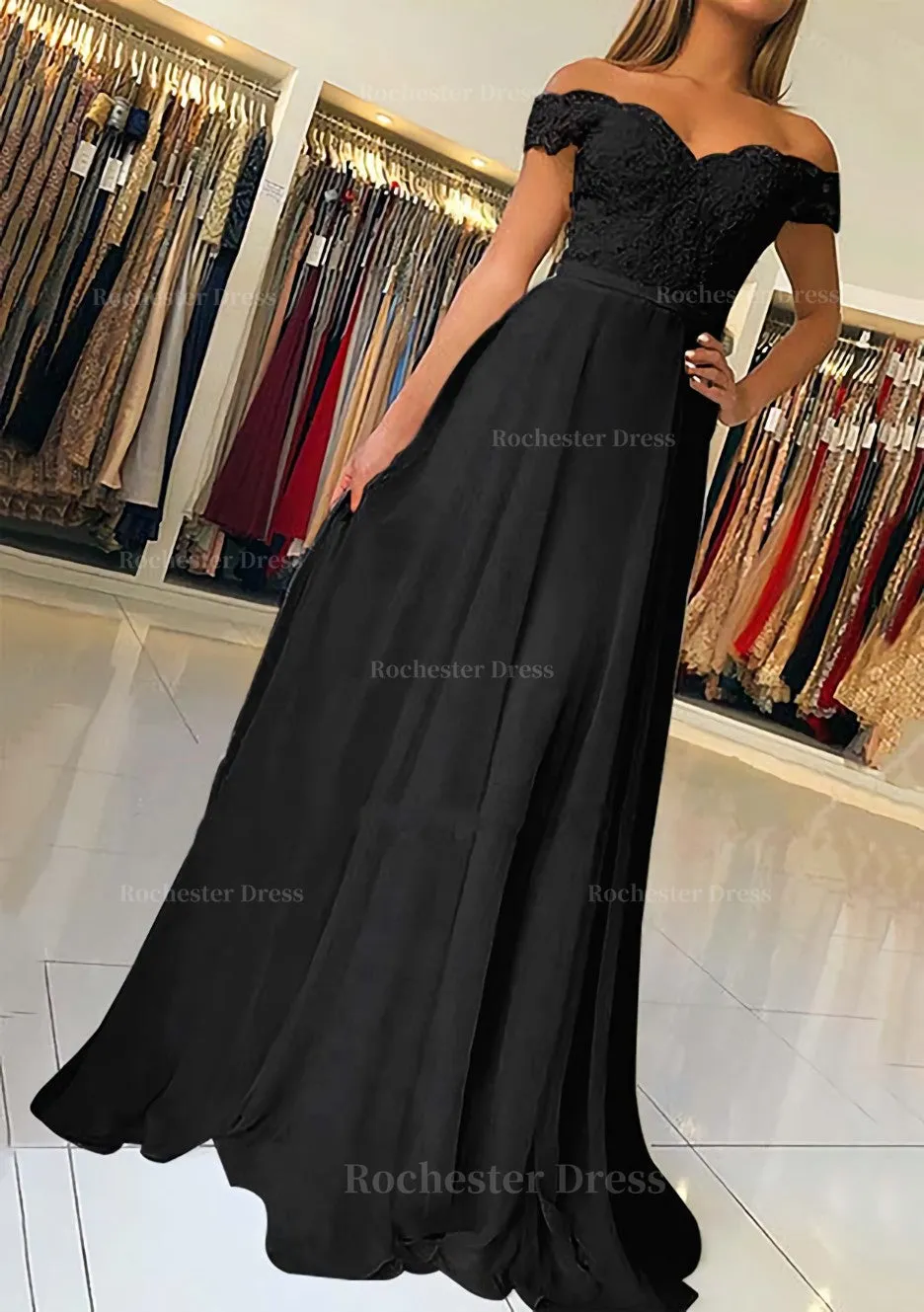 A-line/Princess Off-the-Shoulder Short Sleeve Sweep Train Chiffon Prom Dress With Beading Appliqued