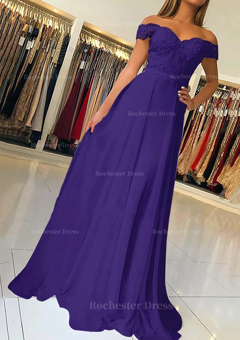 A-line/Princess Off-the-Shoulder Short Sleeve Sweep Train Chiffon Prom Dress With Beading Appliqued