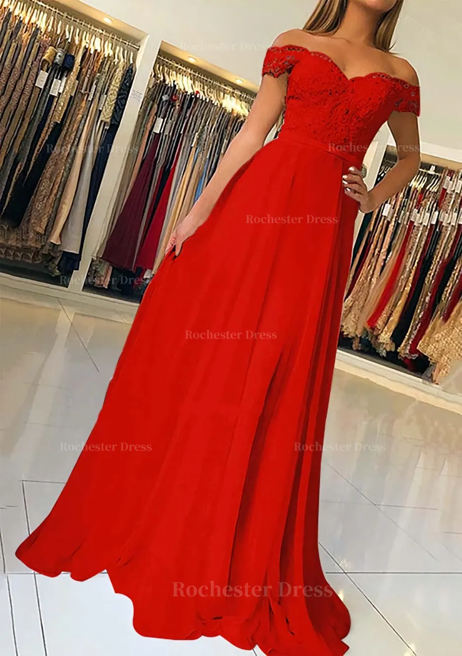 A-line/Princess Off-the-Shoulder Short Sleeve Sweep Train Chiffon Prom Dress With Beading Appliqued