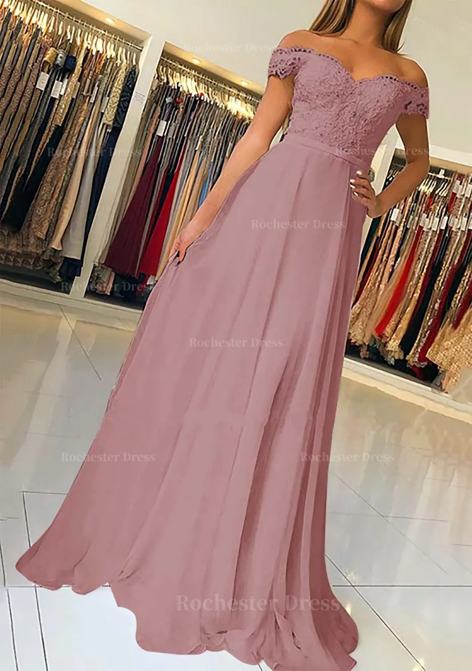 A-line/Princess Off-the-Shoulder Short Sleeve Sweep Train Chiffon Prom Dress With Beading Appliqued