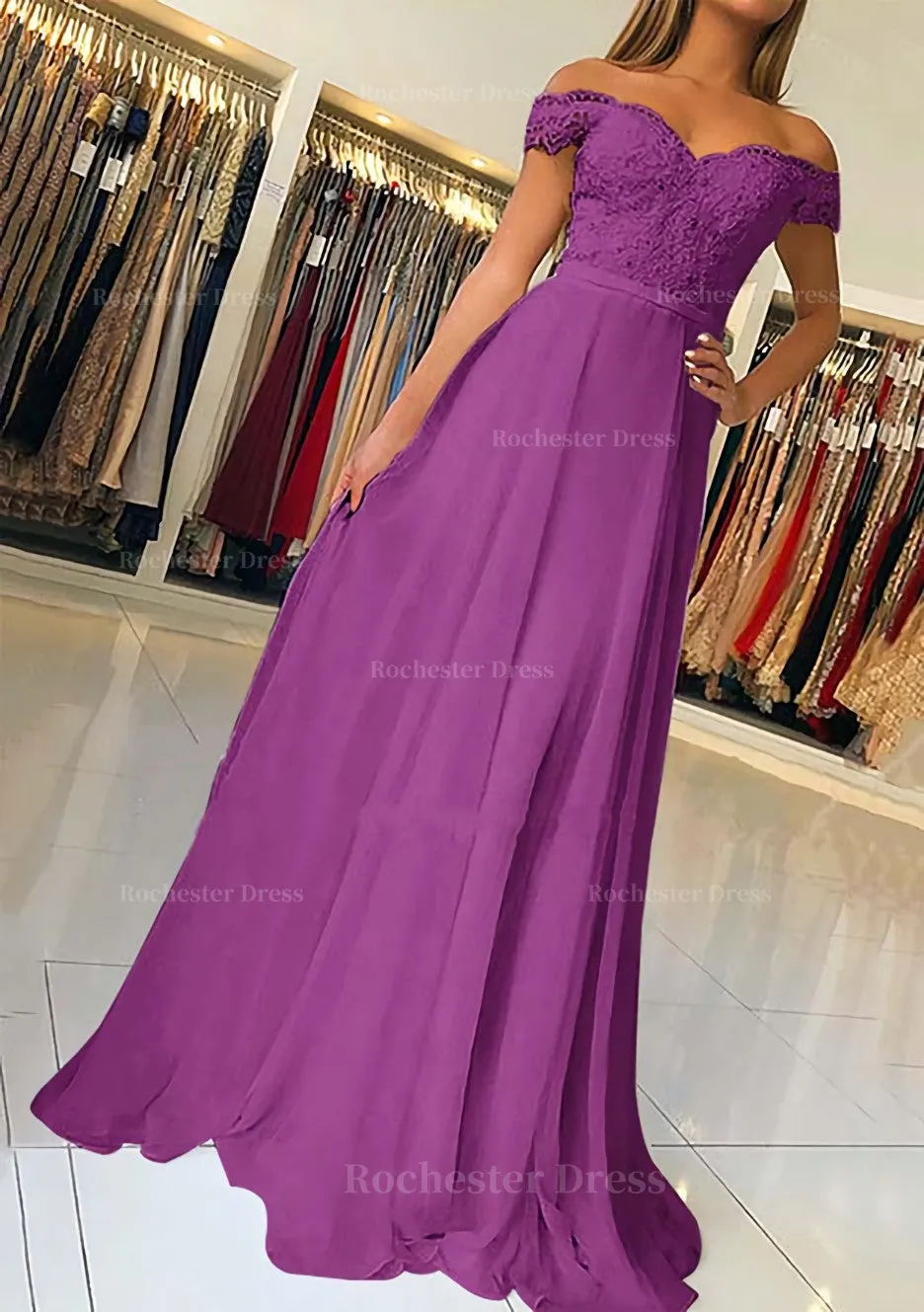 A-line/Princess Off-the-Shoulder Short Sleeve Sweep Train Chiffon Prom Dress With Beading Appliqued