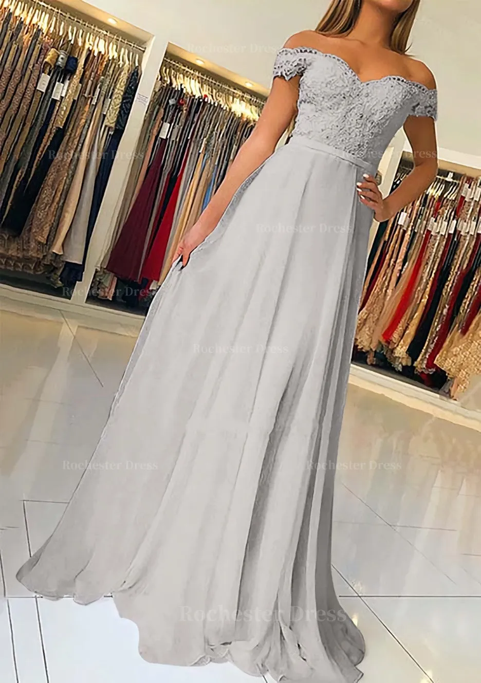 A-line/Princess Off-the-Shoulder Short Sleeve Sweep Train Chiffon Prom Dress With Beading Appliqued