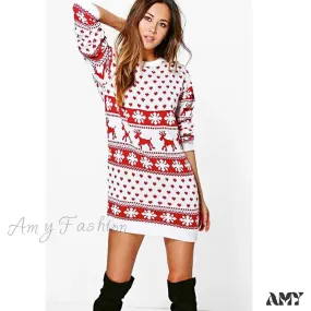 Amy Fashion - Fashion Christmas Snowflake Print Deer Dresses