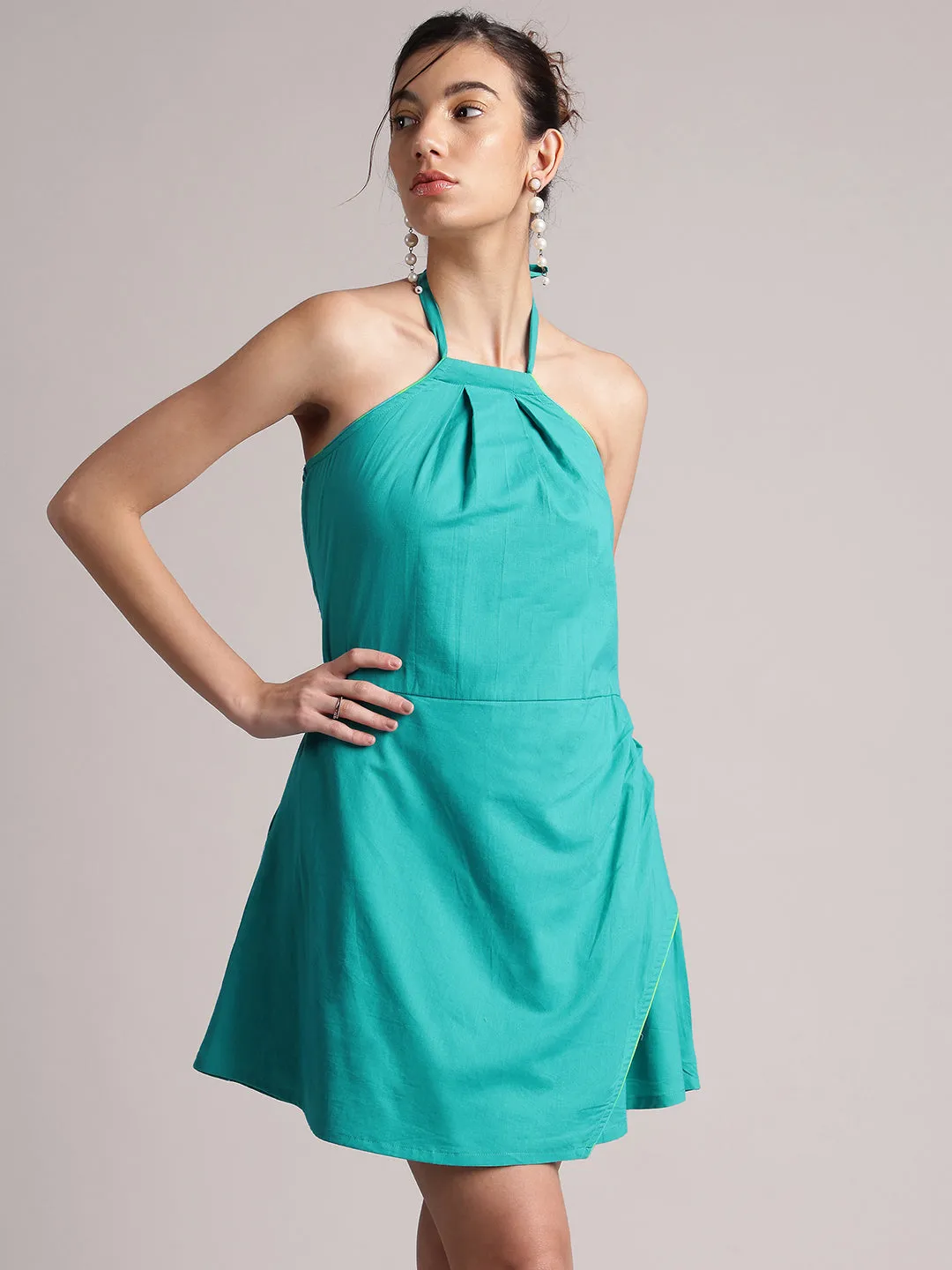 Aqua Solid Halter Neck Tie-Up Wrap Dress