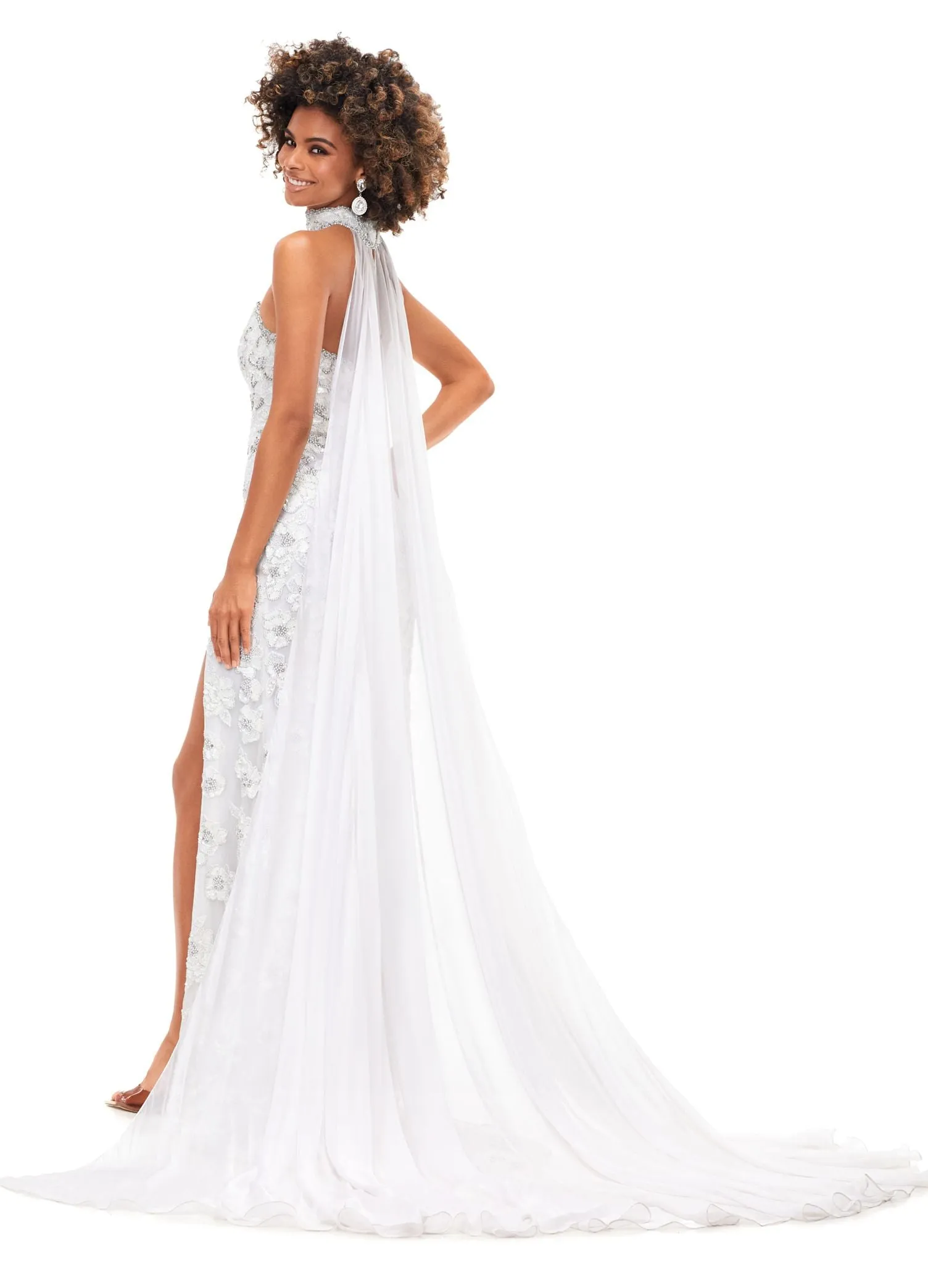 Ashley Lauren 11351 Strapless Fully Beaded Gown with Beaded Choker Chiffon Cape Long Prom Dress Formal