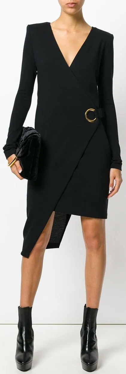 Asymmetric Black Wrap Front Dress