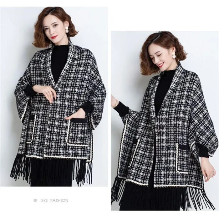 Autumn And Winter New Imitation Mink Velvet Tassel Shawl Women's Plaid Knitted Jacket B-367810