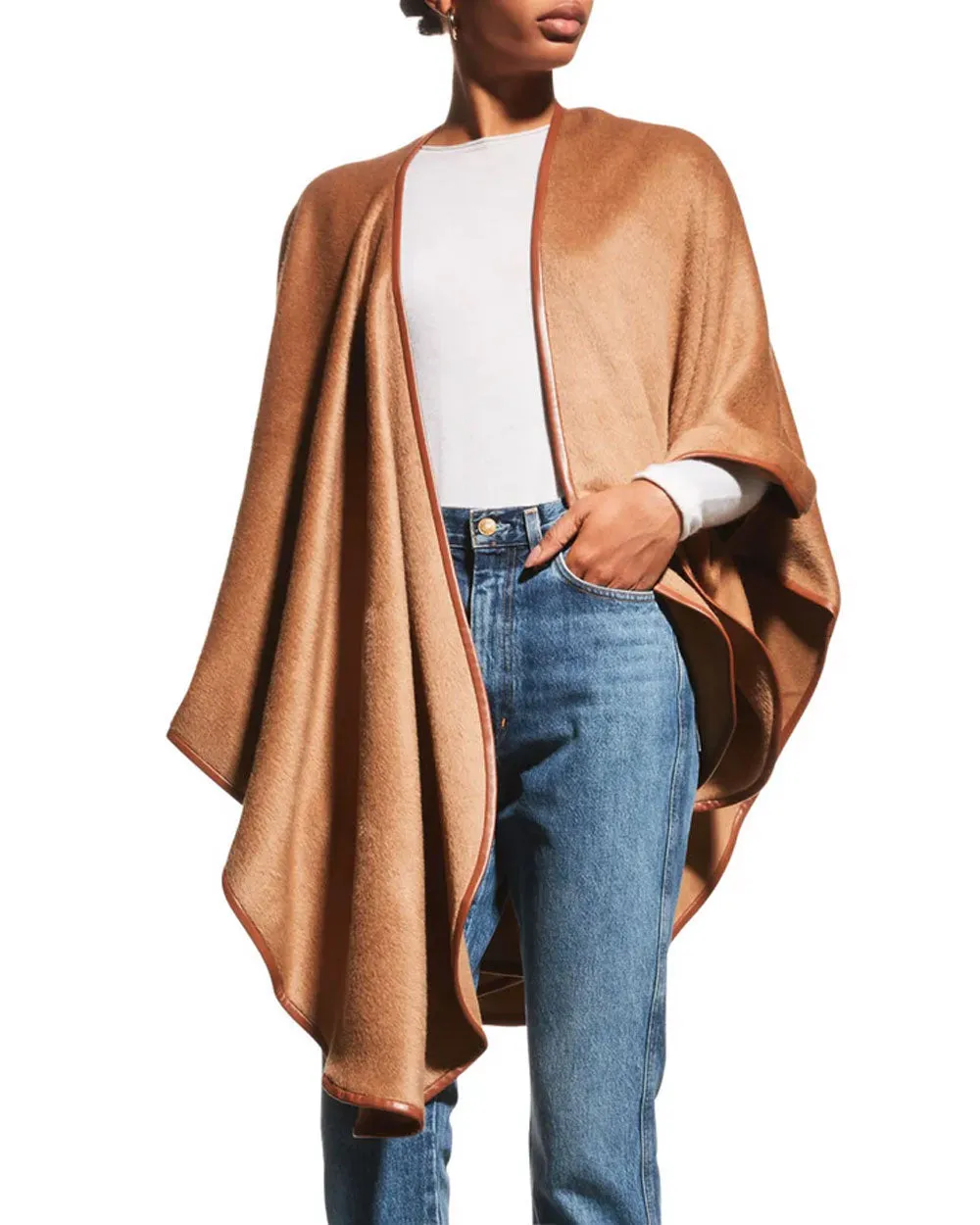 Baby Alpaca Leather Trim Cape in Camel