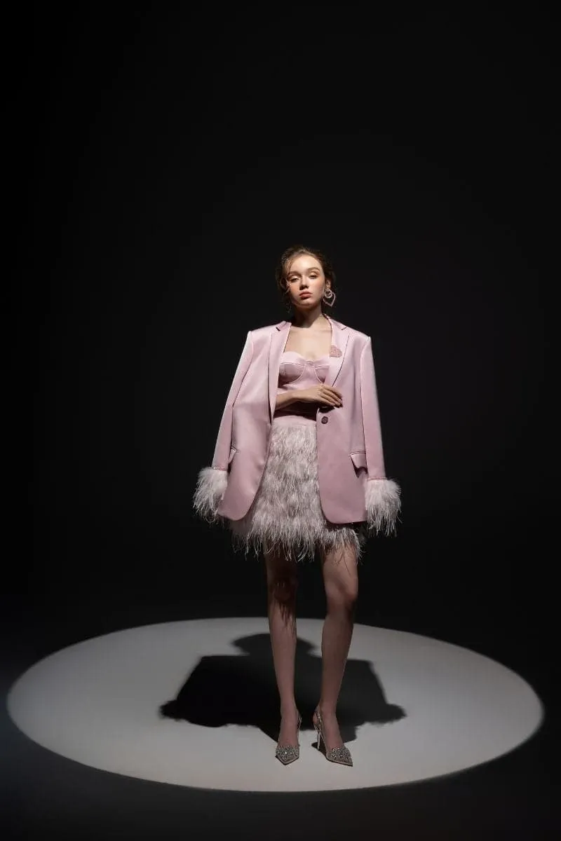 BABY PINK KIERA TAFFETA FEATHER BLAZER