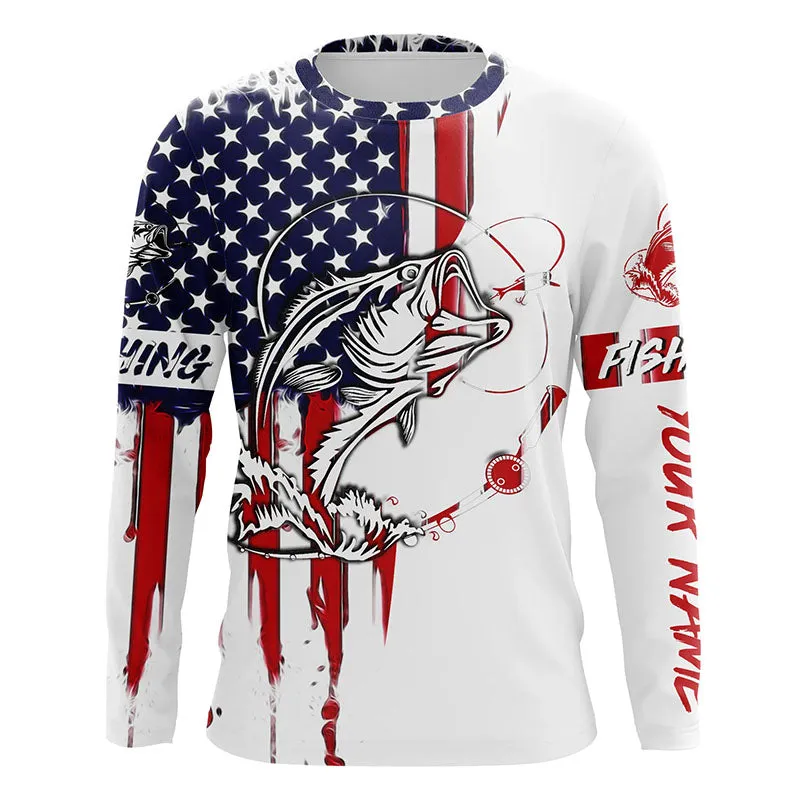 Bass Fishing America Flag 3D Long Sleeve Fishing Shirt Fishing Jersey For Fisherman