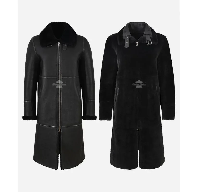 BERISA Reversible Sheepskin Coat Black Real Shearling Fur Long Coat