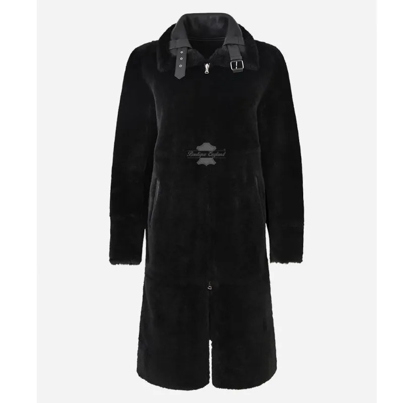 BERISA Reversible Sheepskin Coat Black Real Shearling Fur Long Coat