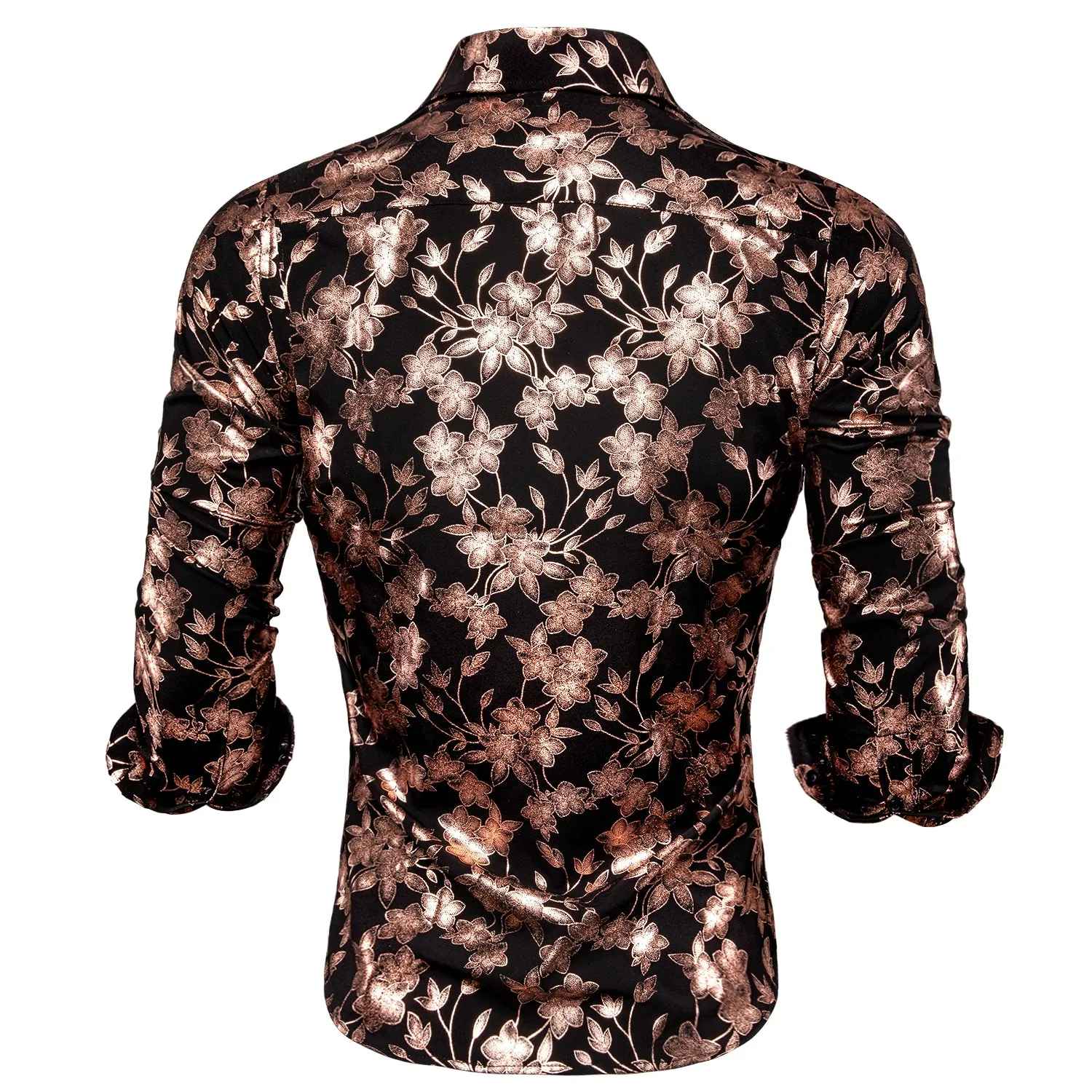 Black Bronze Cherry Blossoms Floral Pattern Silk Men's Long Sleeve Shirt