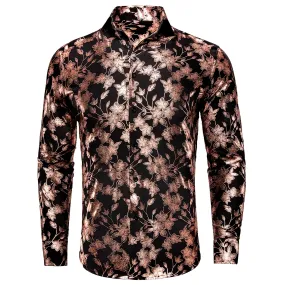 Black Bronze Cherry Blossoms Floral Pattern Silk Men's Long Sleeve Shirt