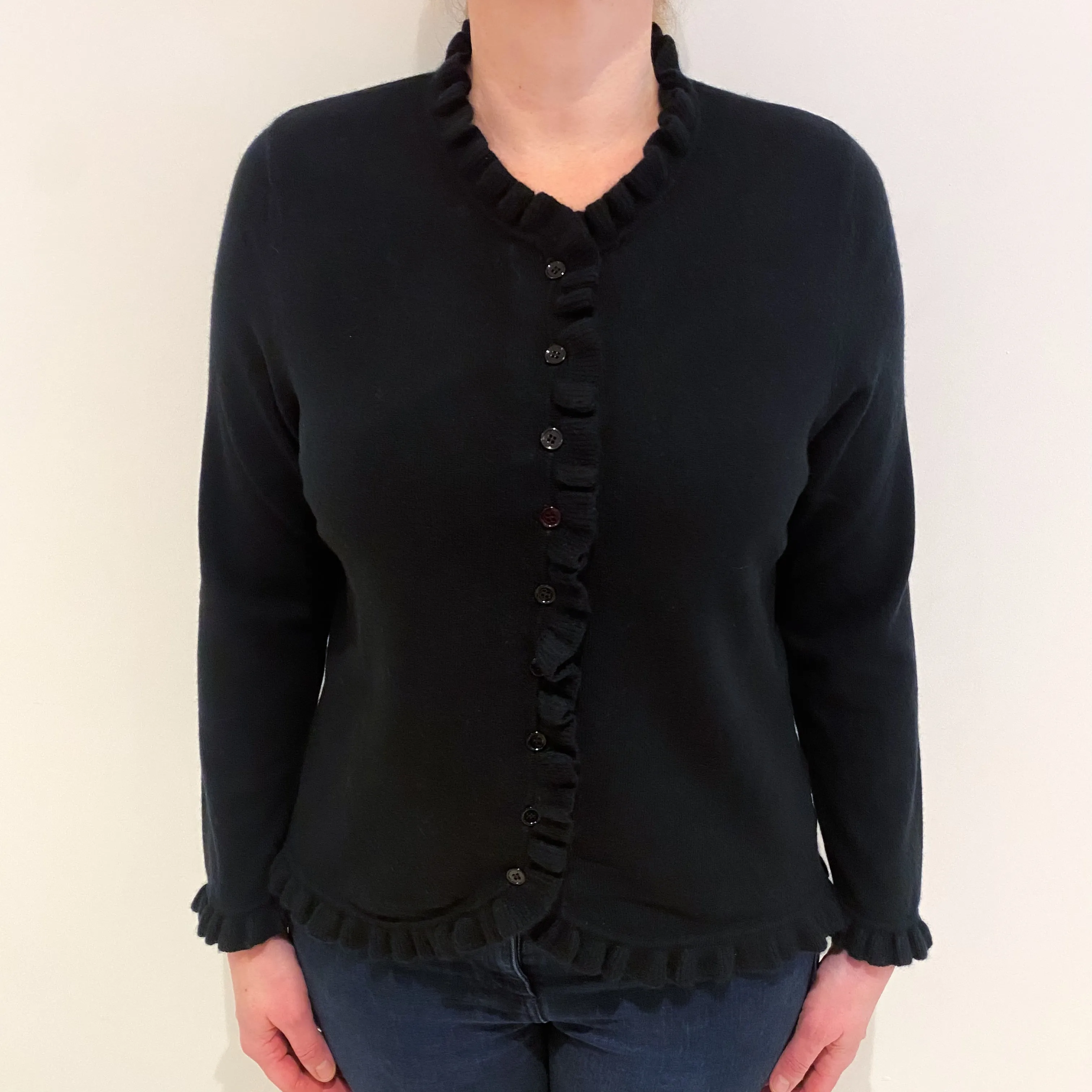 Black Cashmere Crew Neck Ruffle Edge Cardigan Large