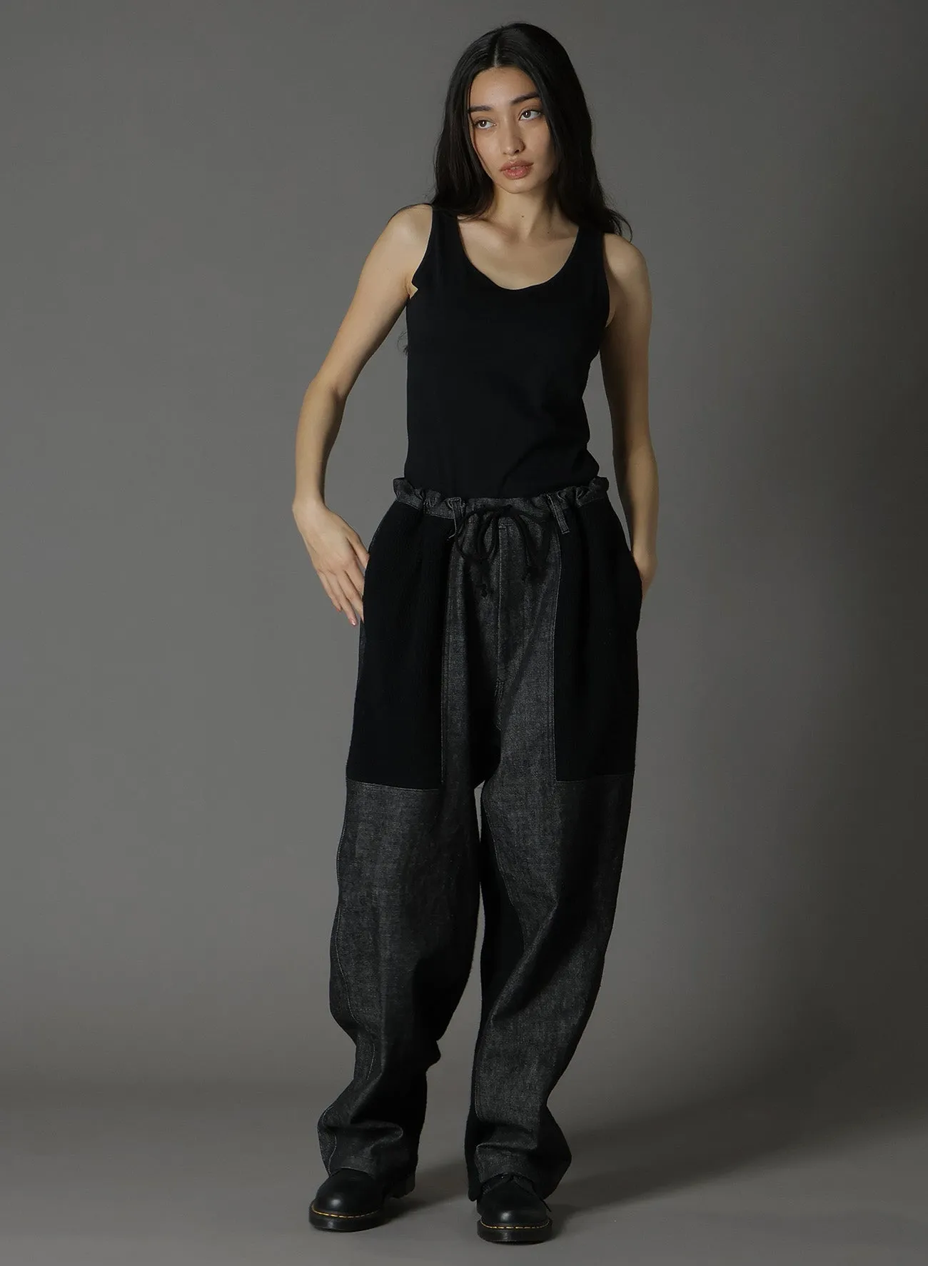 BLACK DENIM  WOOL JERSEY RIB WAIST STRING PANTS