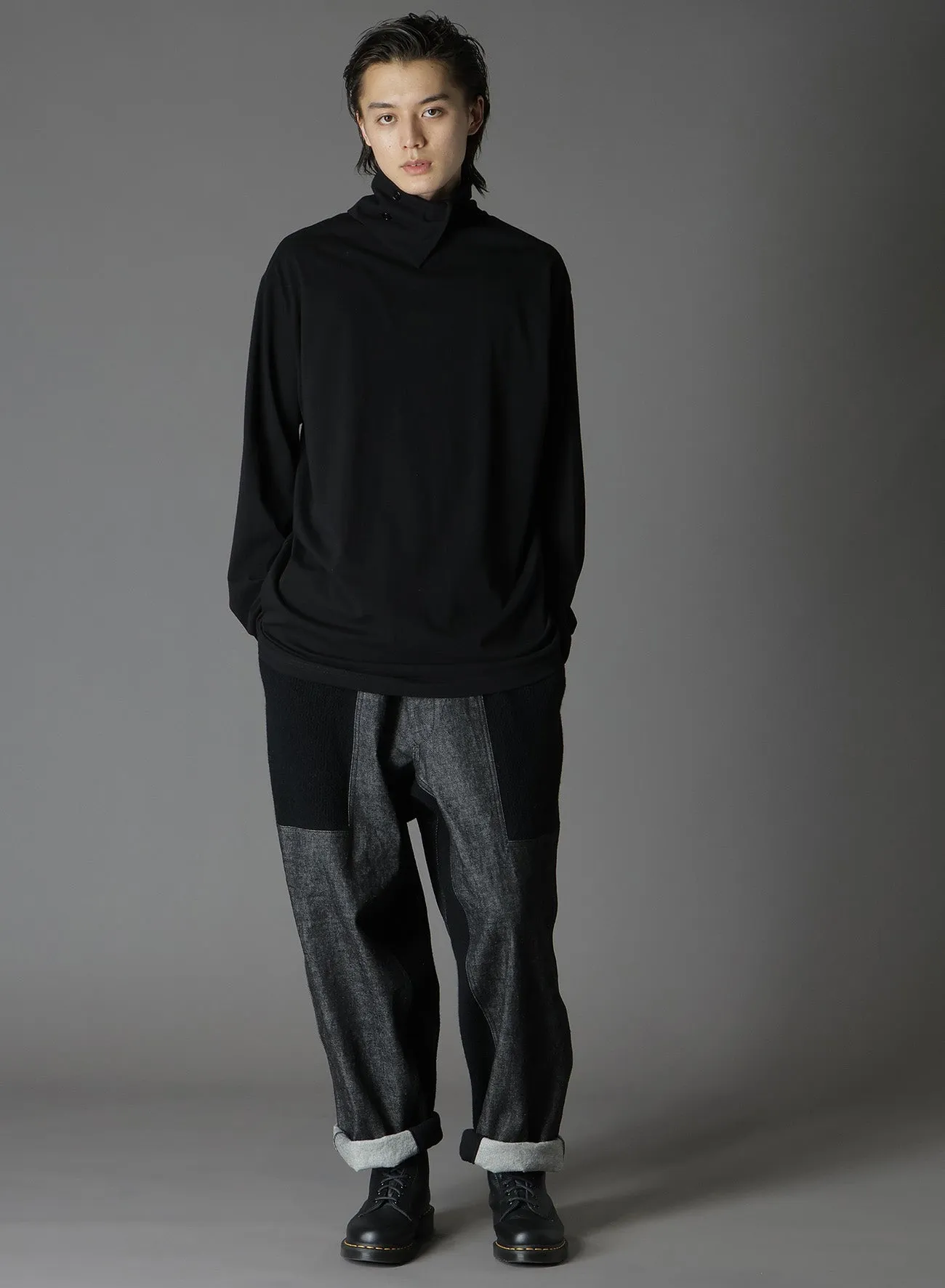 BLACK DENIM  WOOL JERSEY RIB WAIST STRING PANTS