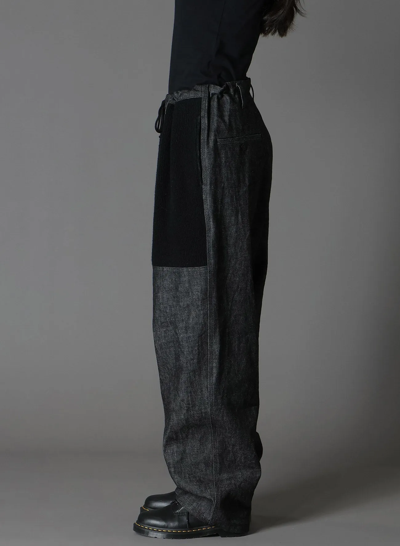 BLACK DENIM  WOOL JERSEY RIB WAIST STRING PANTS