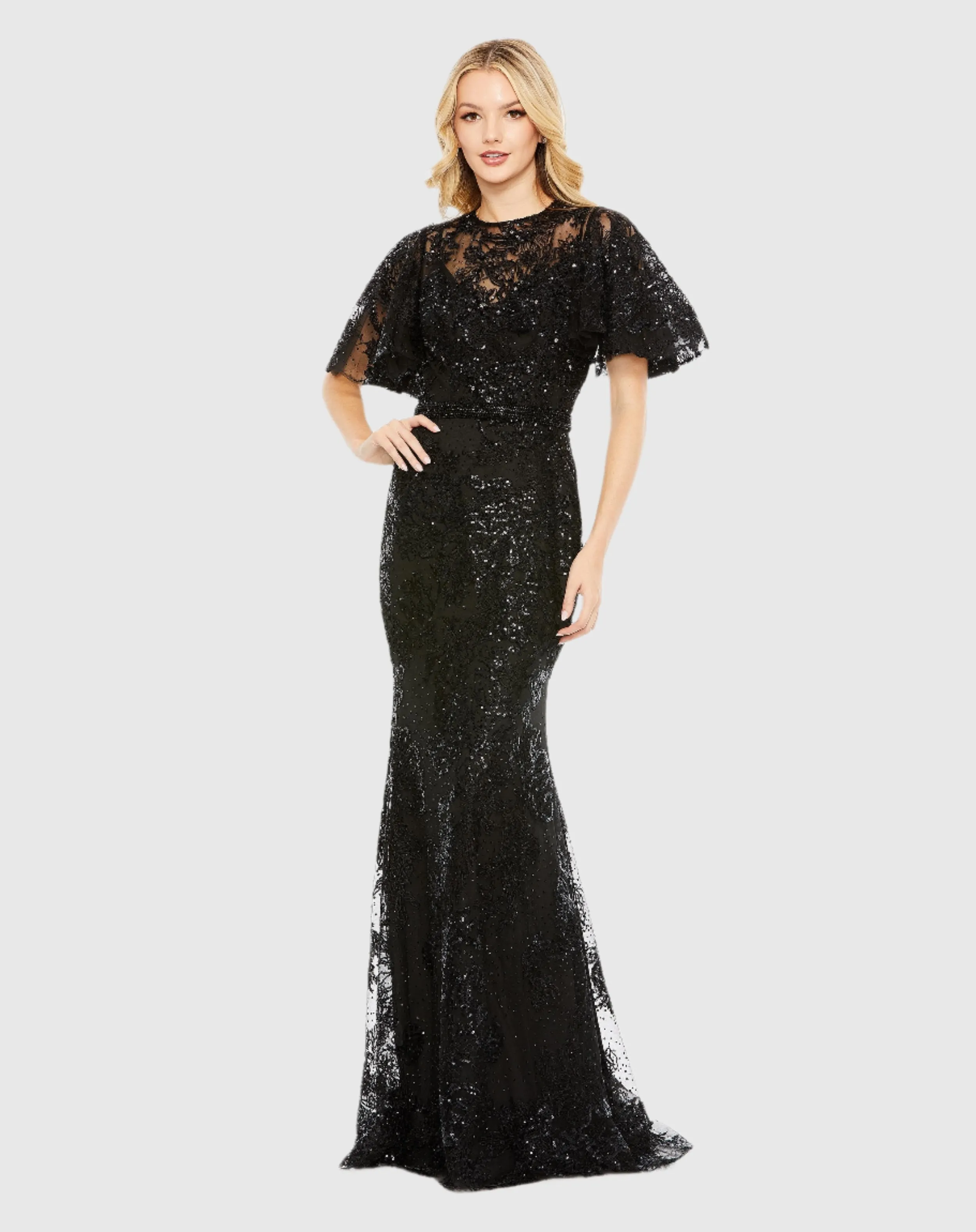 Black Embellished Flutter Sleeve High Neck Gown