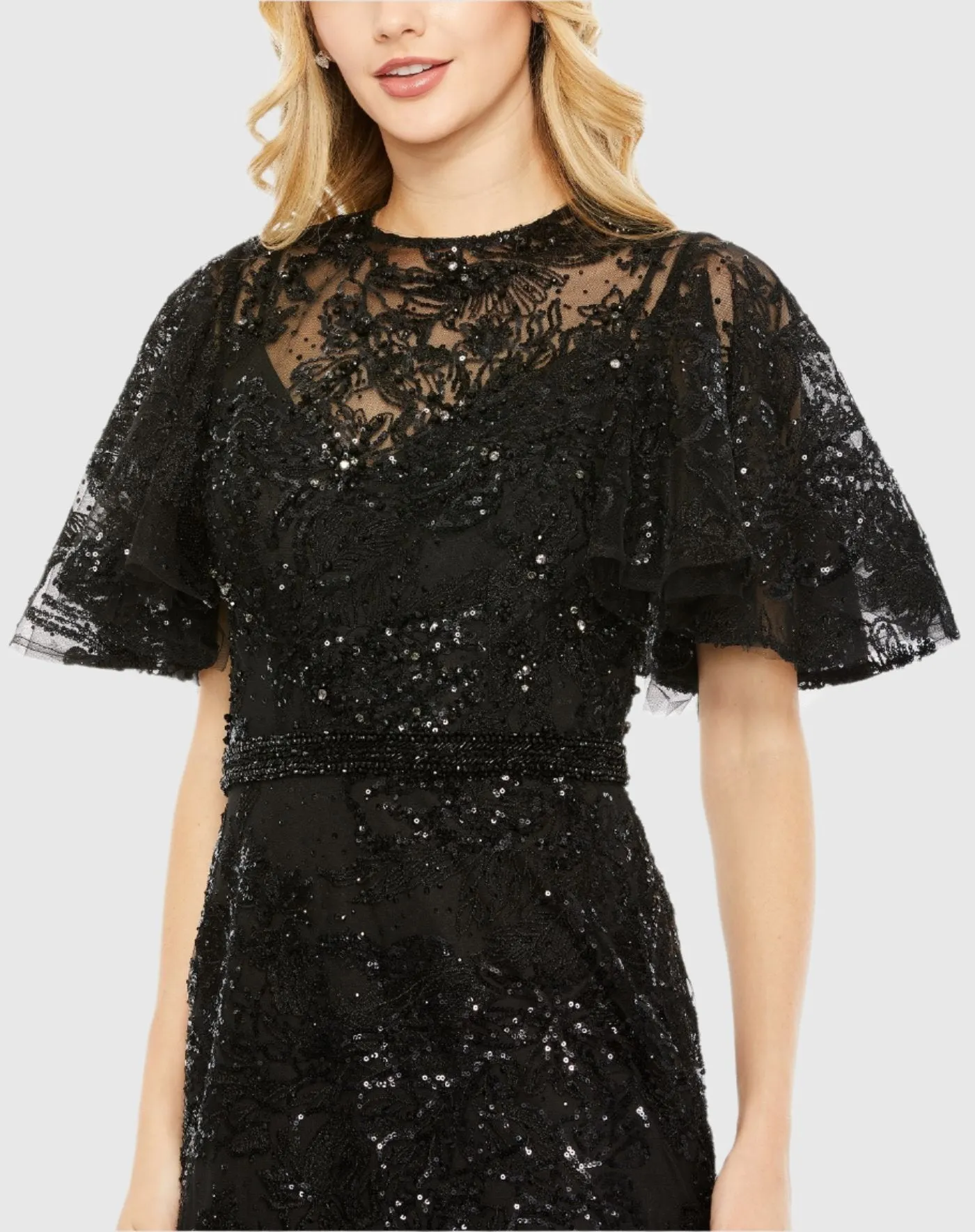 Black Embellished Flutter Sleeve High Neck Gown