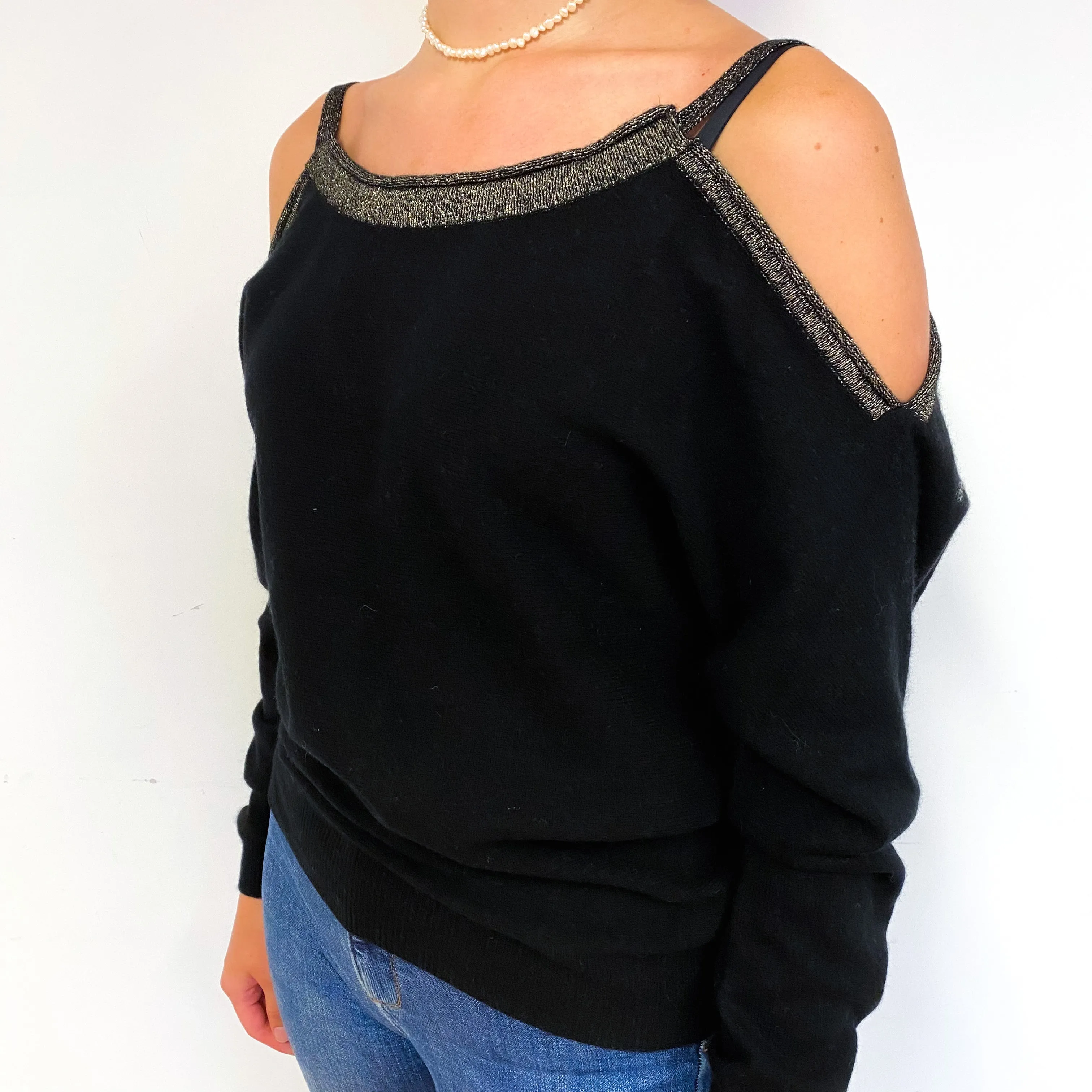 Black Gold Open Shoulder Cashmere Crew Neck Jumper Small