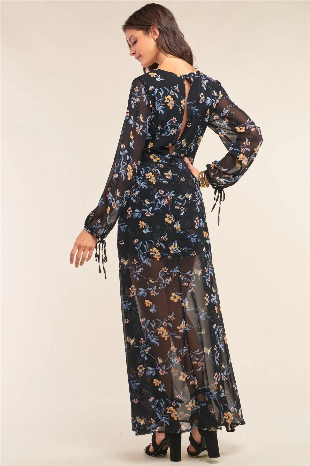 Black Multicolor Floral Print Wrap Deep Plunge V-Neck Long Sleeve Semi-Dress Romper /1-2-3-1