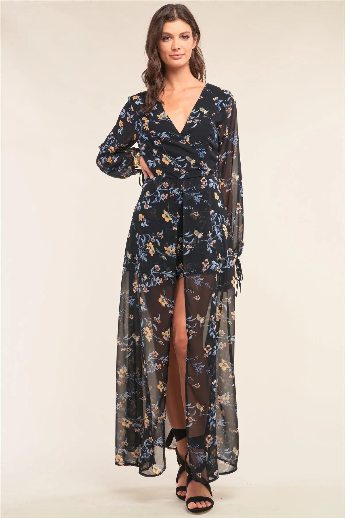 Black Multicolor Floral Print Wrap Deep Plunge V-Neck Long Sleeve Semi-Dress Romper /1-2-3-1