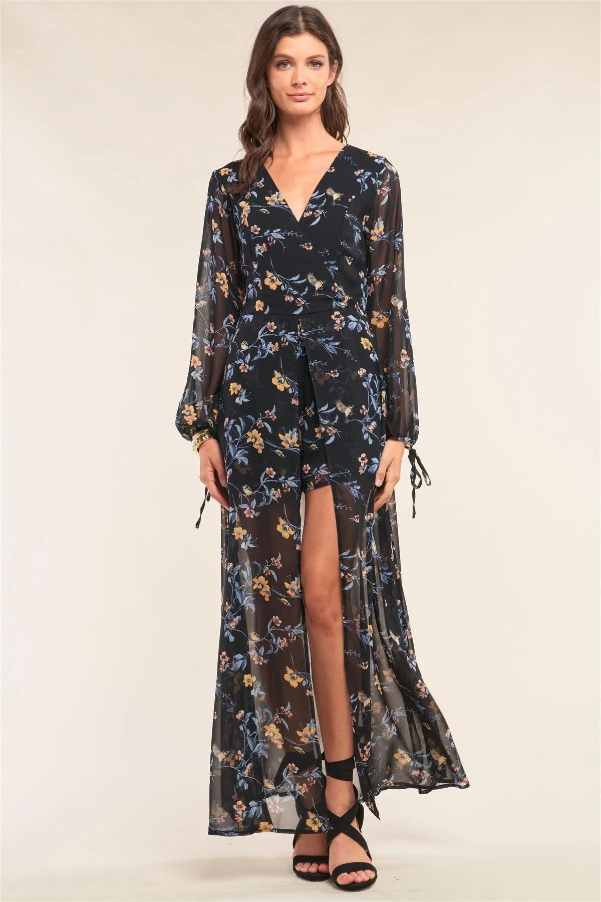 Black Multicolor Floral Print Wrap Deep Plunge V-Neck Long Sleeve Semi-Dress Romper /1-2-3-1