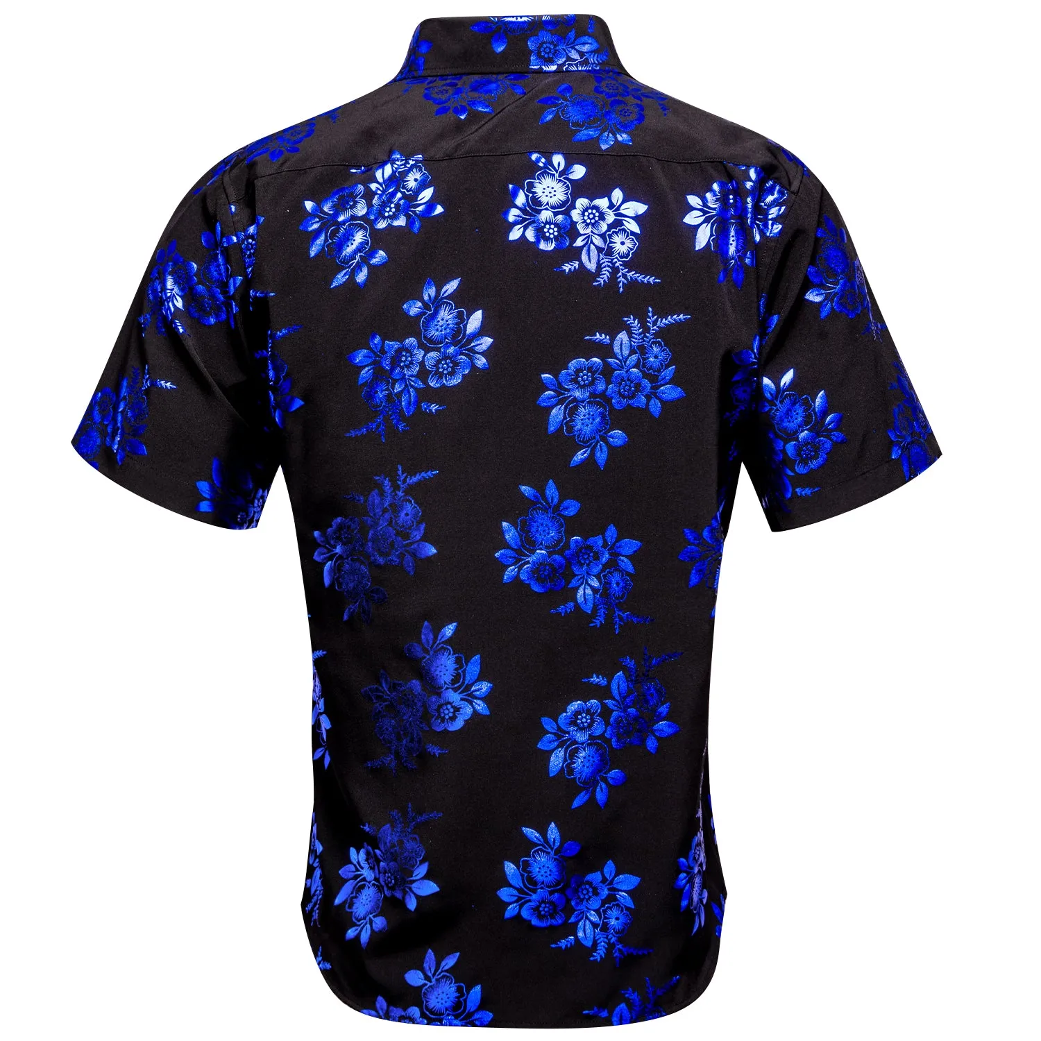 Black Shirt with Blue Floral Silk Men's Short Sleeve Shirt