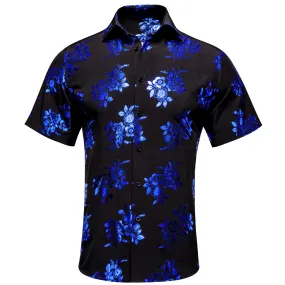 Black Shirt with Blue Floral Silk Men's Short Sleeve Shirt