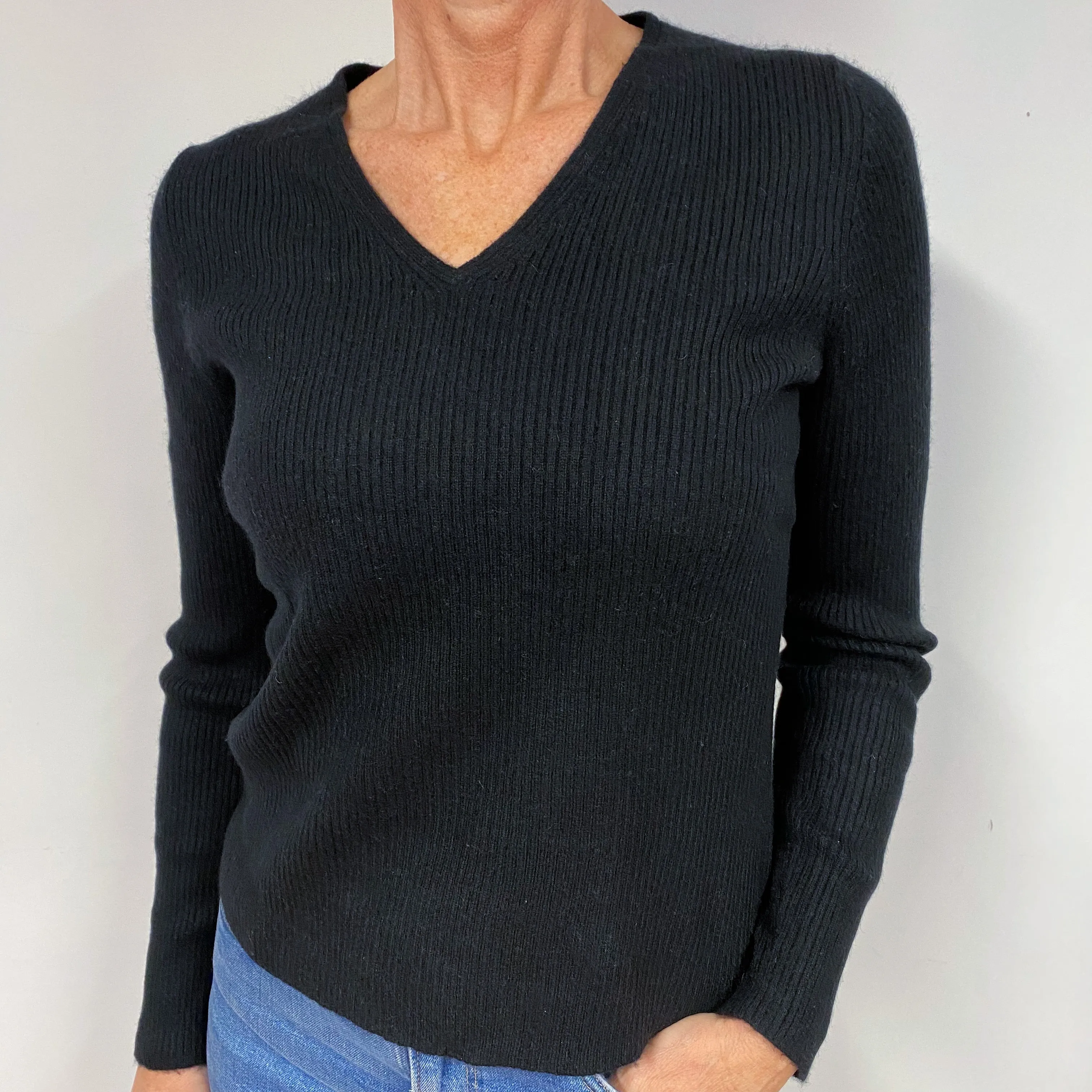 Black Skinny Ribbed Cashmere V-Neck Jumper Medium