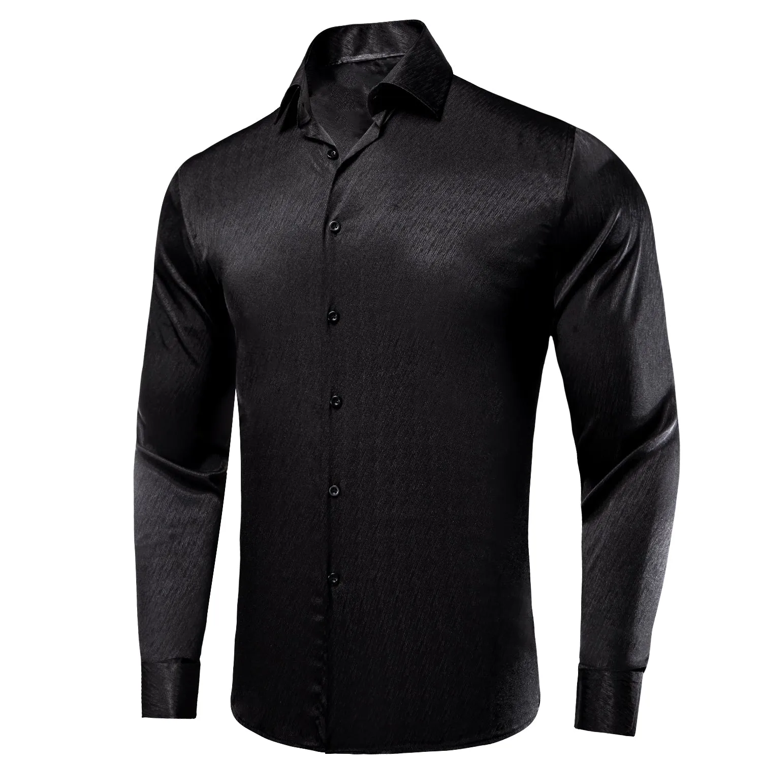 Black Solid Silk Men's Long Sleeve Shirt