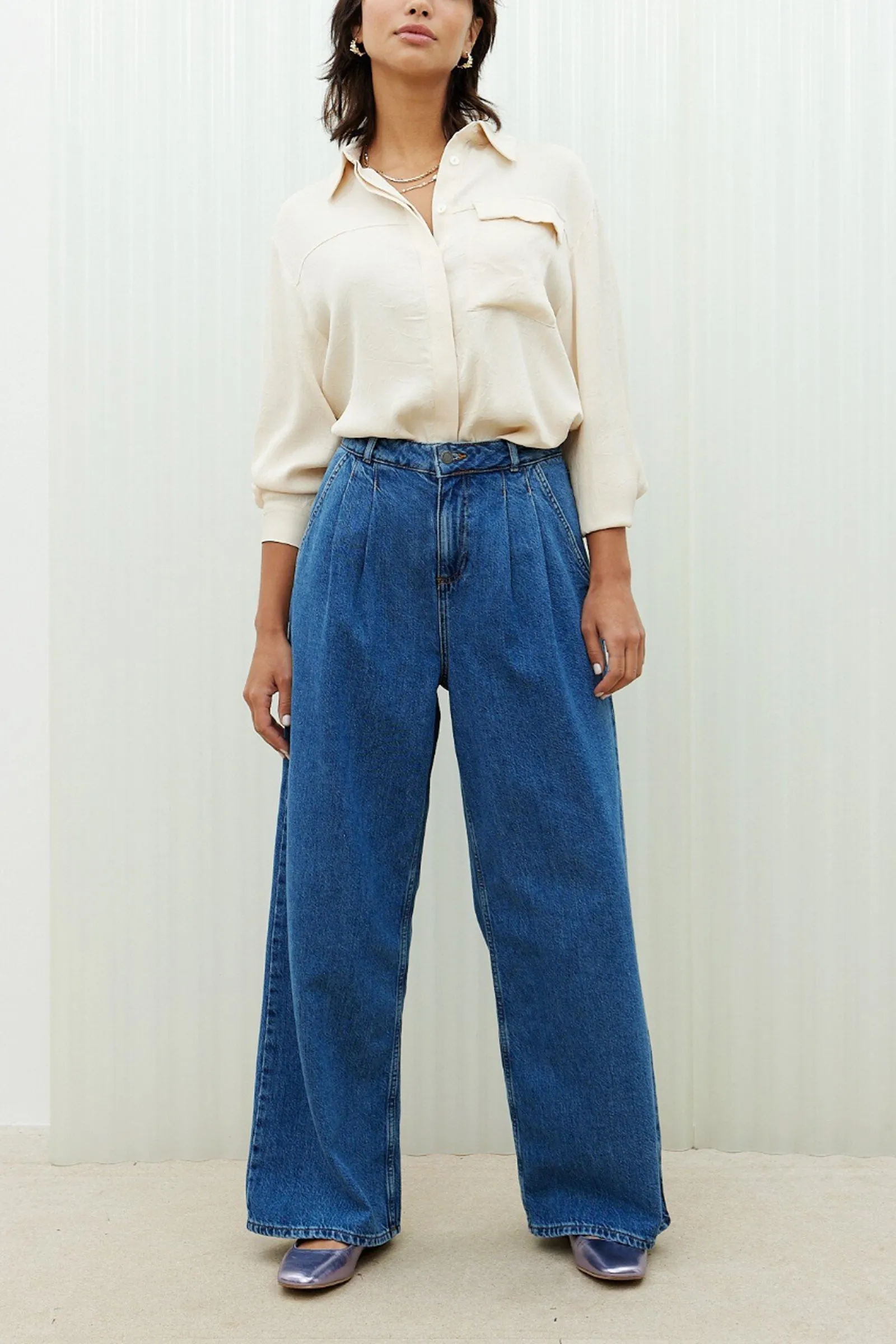 Blue Pleated Wide Leg Denim Jeans