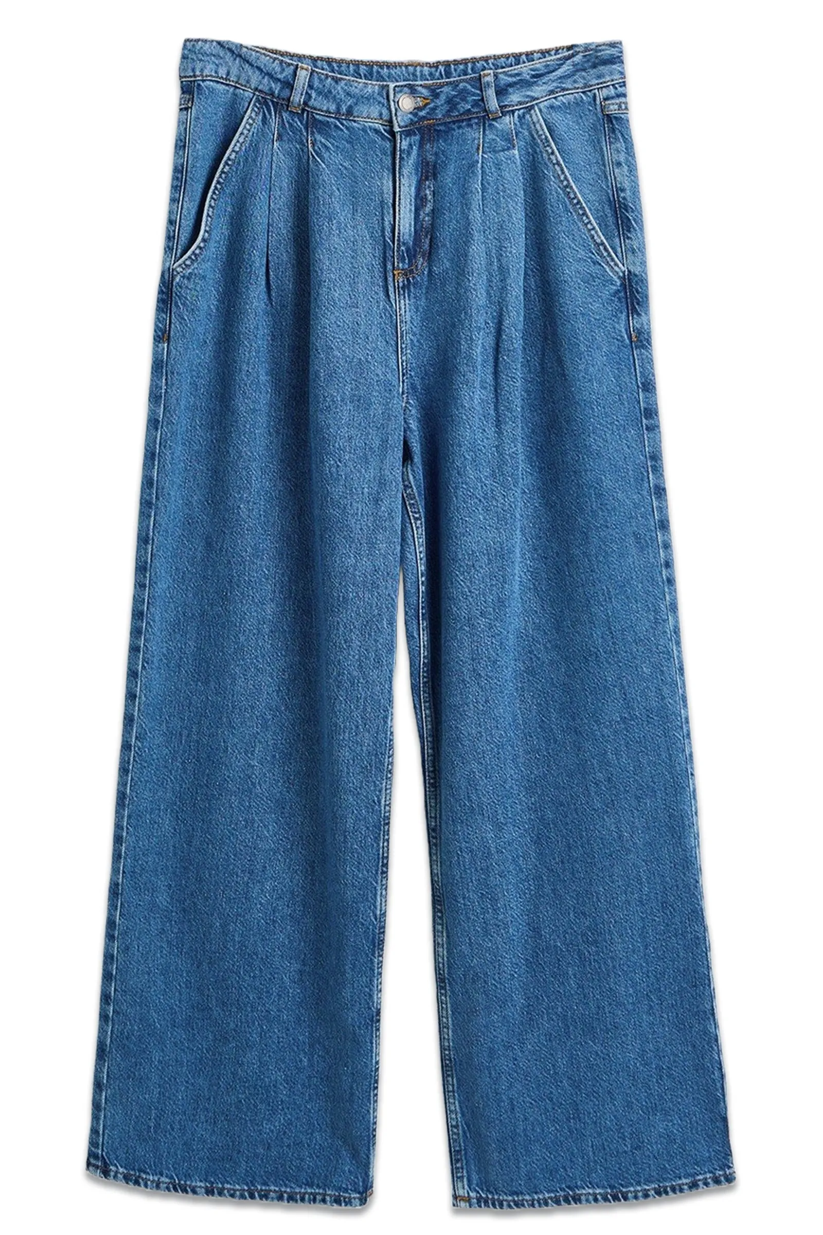 Blue Pleated Wide Leg Denim Jeans