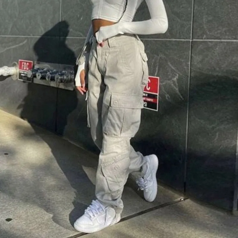 Bonnyshow Streetwear Beige White Cargo Pants Women Y2K High Waist Pocket Wide Leg Trousers Loose Straight Pants Vintage Casual Jeans