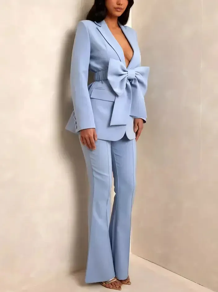 Bow-Belted Single-Breasted Blazer in Light Blue