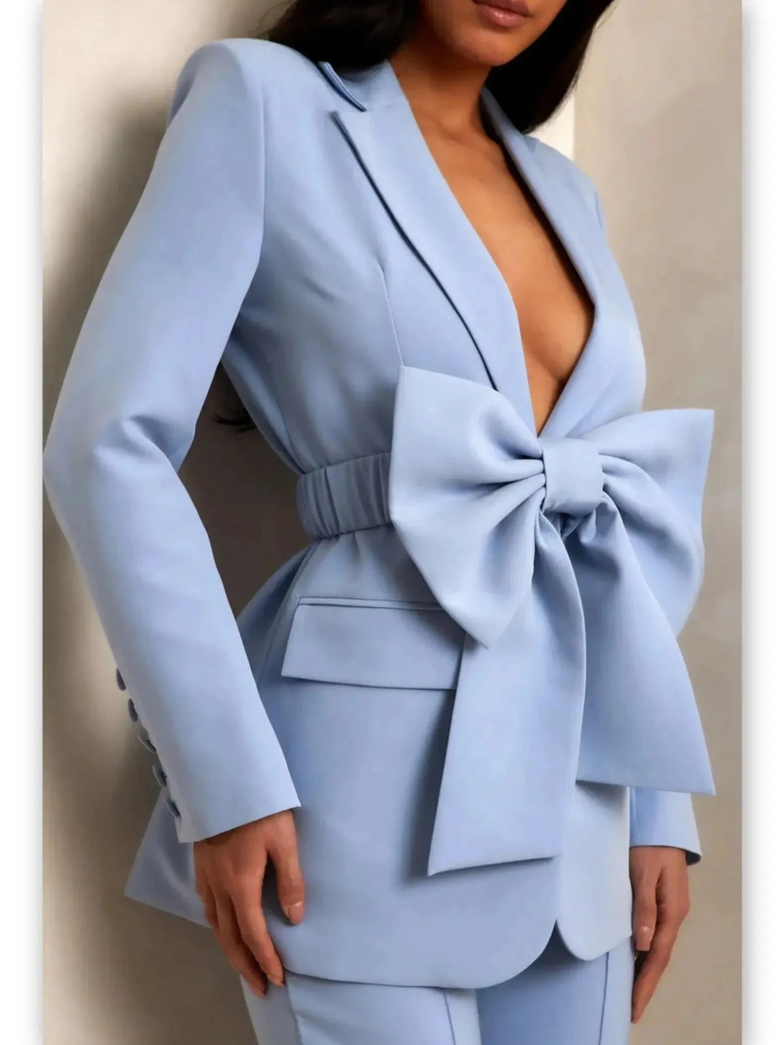 Bow-Belted Single-Breasted Blazer in Light Blue