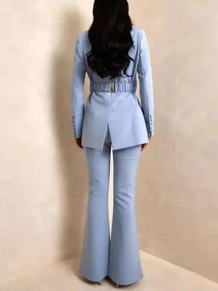 Bow-Belted Single-Breasted Blazer in Light Blue